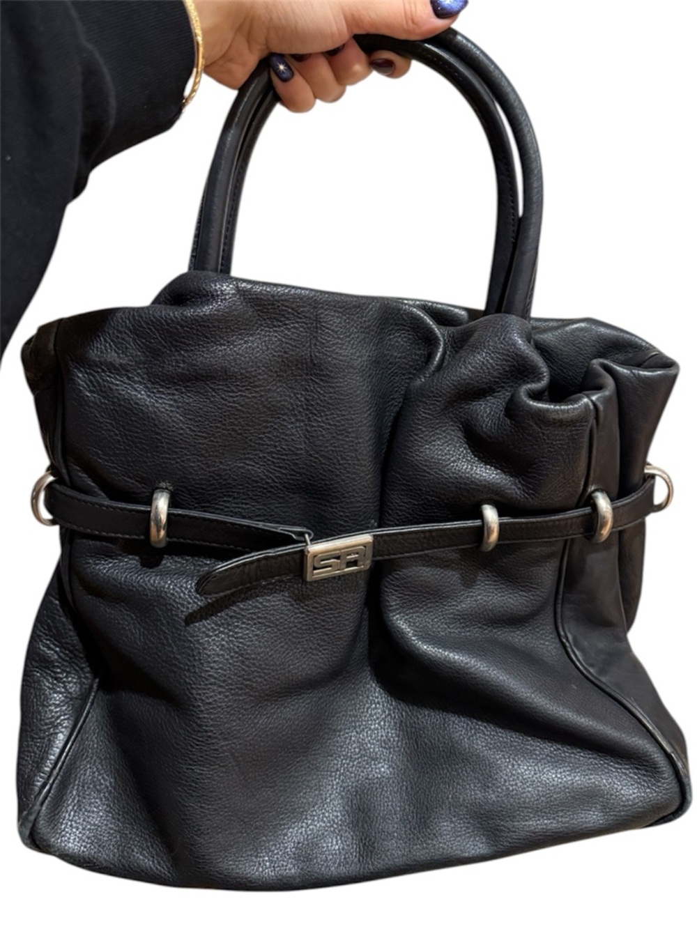 Black Leather Satchel Handbag with Silver Hardware - Designer Style